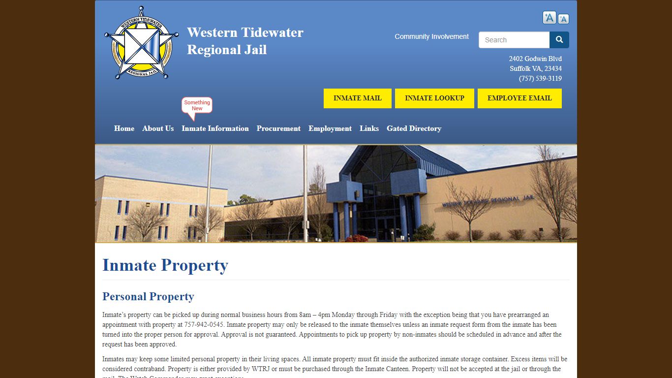 Inmate Property | Western Tidewater Regional Jail